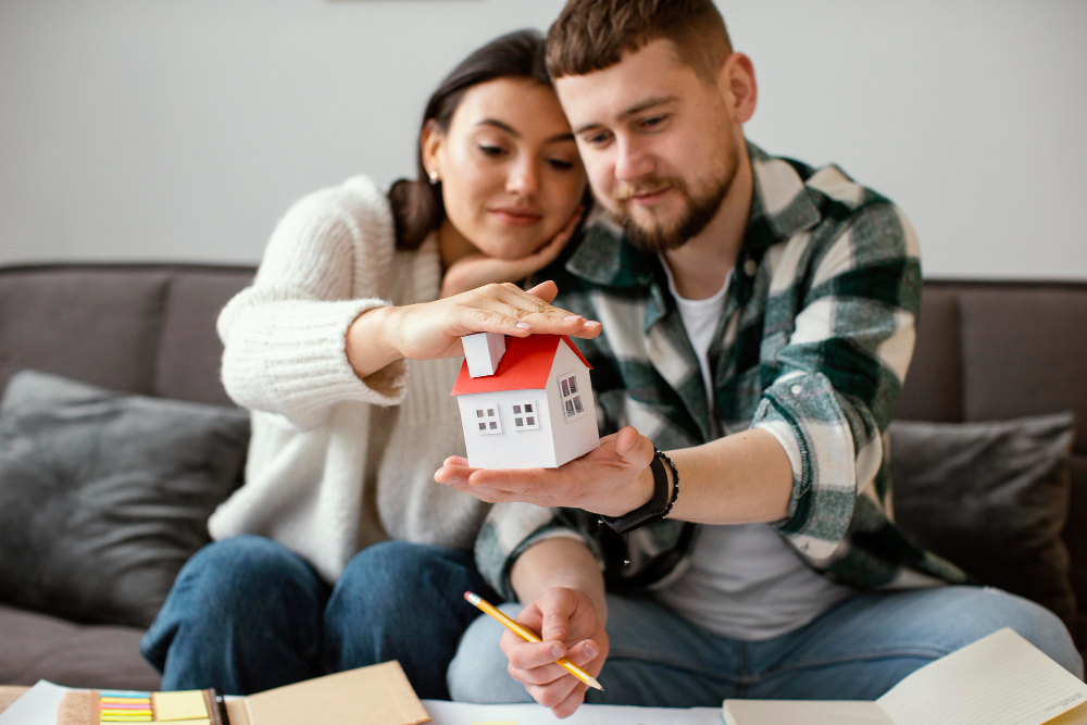 Couple discussing home purchase with a real estate agent in front of a house